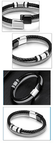 Bracelet unisexe en cuir avec boucle magnétique, chaîne tressée simple en acier inoxydable plaqué argent - Product Image 4