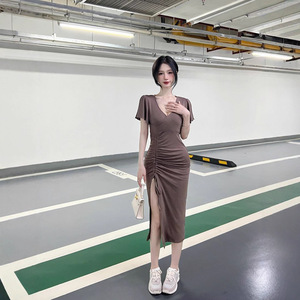 Sexy Deep V Neck Dress Milk Coffee Color Solid Polyester Party Slim Fit Casual Dress For Women With Slit And Tight Waist Design - Product Image 4