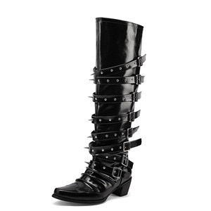 Metal Buckles Women Rivets Knee High <b>Boots</b> Chunky Heels Shoes on Wide Fit Square Toe Long <b>Boots</b> - Product Image 2