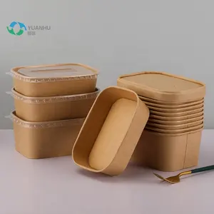 Ensaladera práctica biodegradable para llevar, ensaladera rectangular de papel Kraft desechable para llevar