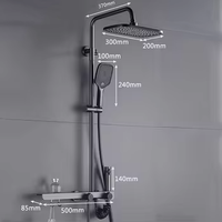 Ensemble de douche cascade gris anthracite à quatre modes avec mitigeur eau chaude et froide en laiton et plateau de rangement pour salle de bain