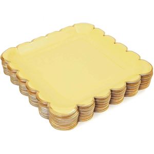 Modern Style Pastel Yellow Disposable Paper <b>Plates</b> with Gold Foil Scallop Edge Hot Selling for Thanksgiving & Ramadan Parties - Product Image 1