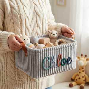 Custom Diaper <b>Basket</b>, Personalized Corduroy Storage Bin for Nursery Decor, Foldable Cloth <b>Laundry</b> Hamper for Diapers, Blankets - Product Image 2