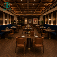 Ensemble de mobilier commercial Ron Group pour bars, cafés et restaurants : banquette en velours, table en bois et fauteuil en cuir