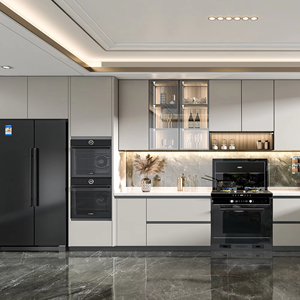 Ensemble d'armoires de cuisine sans couture SANTOPOVA, comptoir en quartz sur mesure, portes sans poignée, panneau en mélamine, évier inclus - Product Image 1