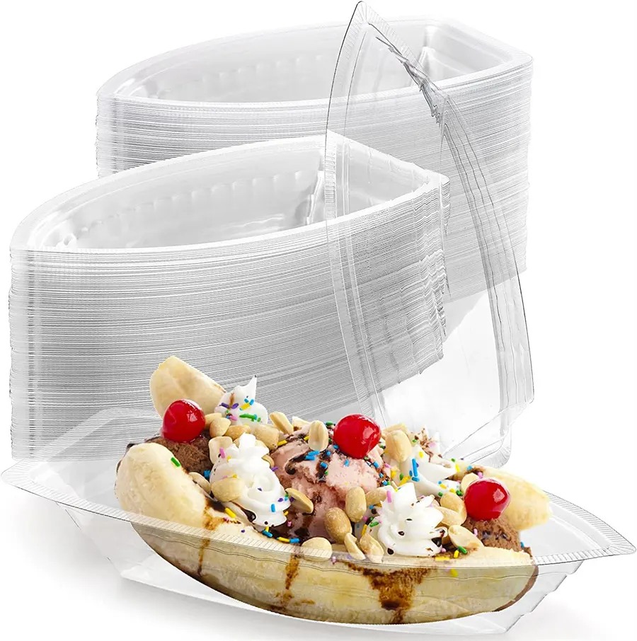 Cuencos de plástico transparente para postres, plato de barco dividido de plátano de 12 OZ, cuencos para servir helado, aperitivos