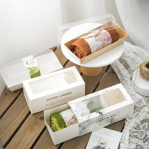 Roti Kue Gulungan Panjang Swiss Gulungan Panggang Makanan Sekali Pakai Kotak Kertas Makanan Penutup Laci Kotak Putih dengan Jendela Yang Jelas - Product Image 1