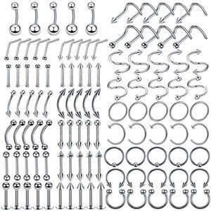 110 pièces de bijoux de piercing corporel en acier inoxydable, assortiment de styles tendance (barbell, anneau de langue, anneau de téton) pour femmes - Product Image 1