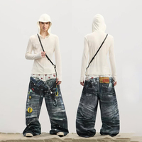 DiZNEW Jeans baggy en denim personnalisés à double taille pantalons en jean à la mode pour hommes