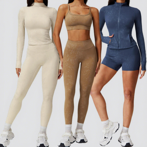 Ensemble de yoga sans couture 2 pièces pour femme : leggings taille haute, veste zippée à col roulé à manches longues et soutien-gorge de sport - Product Image 1