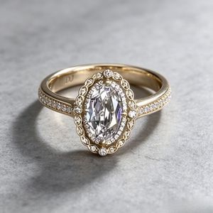 Anillo de Plata de Ley 925 con Oro Amarillo, Topacio Blanco Ovalado, Doble Halo y Bisel Festoneado, Anillo de Boda Vintage - Product Image 2