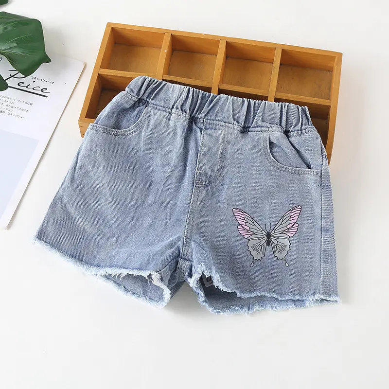 2022ฤดูร้อนเด็กวัยหัดเดินสาวแฟชั่นกางเกงขาสั้นร้อนกางเกงยีนส์สไตล์กับผีเสื้อ4-9ปี