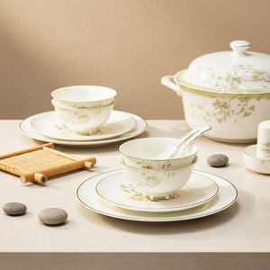 Juego de Vajilla de Porcelana Fina de Lujo, 60 Piezas, <span class=keywords><strong>Diseño</strong></span> Escénico, Portátil, Reutilizable, con Borde Dorado, <span class=keywords><strong>Platos</strong></span> de Cerámica Verdes para Regalo de Boda - Product Image 2