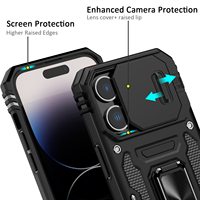 Offre Spéciale béquille protecteur glissière caméra lentille Protection couverture TPU PC 2 en 1 doigt anneau support téléphone étui pour iphone 15 Pro Max
