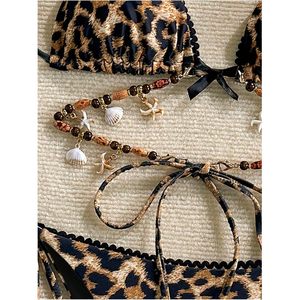 Women's Leopard <b>Bikini</b> <b>Set</b> Halter Triangle <b>String</b> Cheeky Swimwear With Beading And Seashell Decorations - Product Image 5