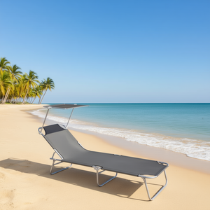 Chaise longue pliante gris acier avec auvent, structure en aluminium, inclinaison manuelle, chaise longue d'extérieur - Product Image 2