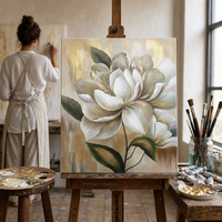 Lot de 2 tableaux muraux modernes peints à la main, fleurs blanches, texture feuille d'or, pivoine, décoration intérieure, chambre, canapé, salon, cadeau