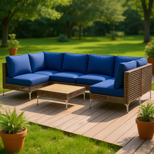 Conjunto Modular de Muebles de Jardín de Mimbre con Cojines Gruesos, Estructura de Madera de Acacia, Asientos para 6 Personas, Color Azul - Product Image 2