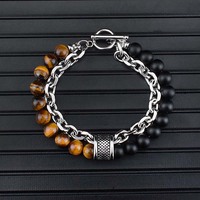 Bracelet pour homme en perles de pierres précieuses œil de tigre, chaîne cubaine en acier inoxydable, idéal pour le dropshipping