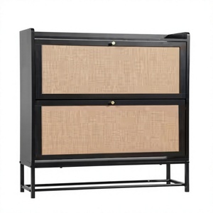 Zapatero <span class=keywords><strong>con</strong></span> 2 Cajones Abatibles y Puertas de Ratán, Mueble Estrecho <span class=keywords><strong>para</strong></span> Almacenamiento de Zapatos, Organizador de Almacenamiento <span class=keywords><strong>para</strong></span> Entrada, Pasillo - Product Image 1