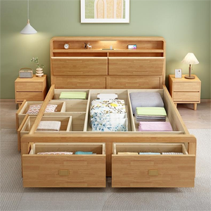 Meistverkauftes Extragroßes Holzbett mit Nachtlicht und Ladefunktion, Extragroßes Holzbett mit Stauraum fürs Schlafzimmer - Product Image 1