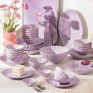 Juego de <span class=keywords><strong>Vajilla</strong></span> de Cerámica en Color Morado Claro con Bordes en Forma de Pétalo, <span class=keywords><strong>para</strong></span> una Decoración de Mesa de Estilo Femenino y Romántico - Product Image 1
