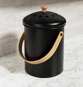 Kitchen Counter <strong>Compost</strong> Bin Black Standing Storage Bucket <strong>Wood</strong> Handles Double-Layered Charcoal Filters - Product Image 5