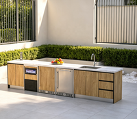 Modules de cuisine extérieure modulaires, unités de rangement combinables avec niveleurs indépendants et modules d'évier ou de barbecue pour aménagements de jardins.