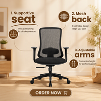 Chaise de bureau ergonomique moderne en maille noire avec accoudoirs réglables, dossier incurvé ouvert, base pivotante en nylon et fonction d'inclinaison pour le bureau à domicile