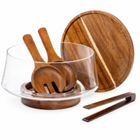 Ensemble de saladiers en bois d'acacia personnalisés OEM en gros, avec pinces de service en bois et couvercle, pour cuisine, table à manger, fête, réutilisable et écologique