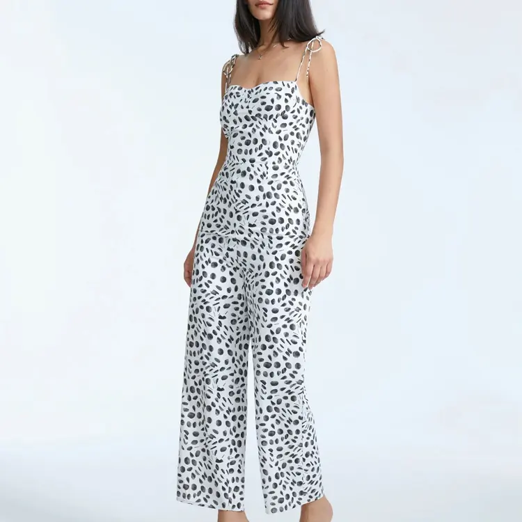 Custom Nieuwe Zomer Bloem Gedrukt Hoge Taille Tie Strap Contrast Print Wijde Pijpen Een Stuk Jumpsuit Voor Vrouwen