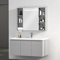 Meuble-lavabo mural moderne en acier inoxydable gris clair avec vasque en céramique, miroir intelligent, armoire et robinet pour villa, garantie 5 ans