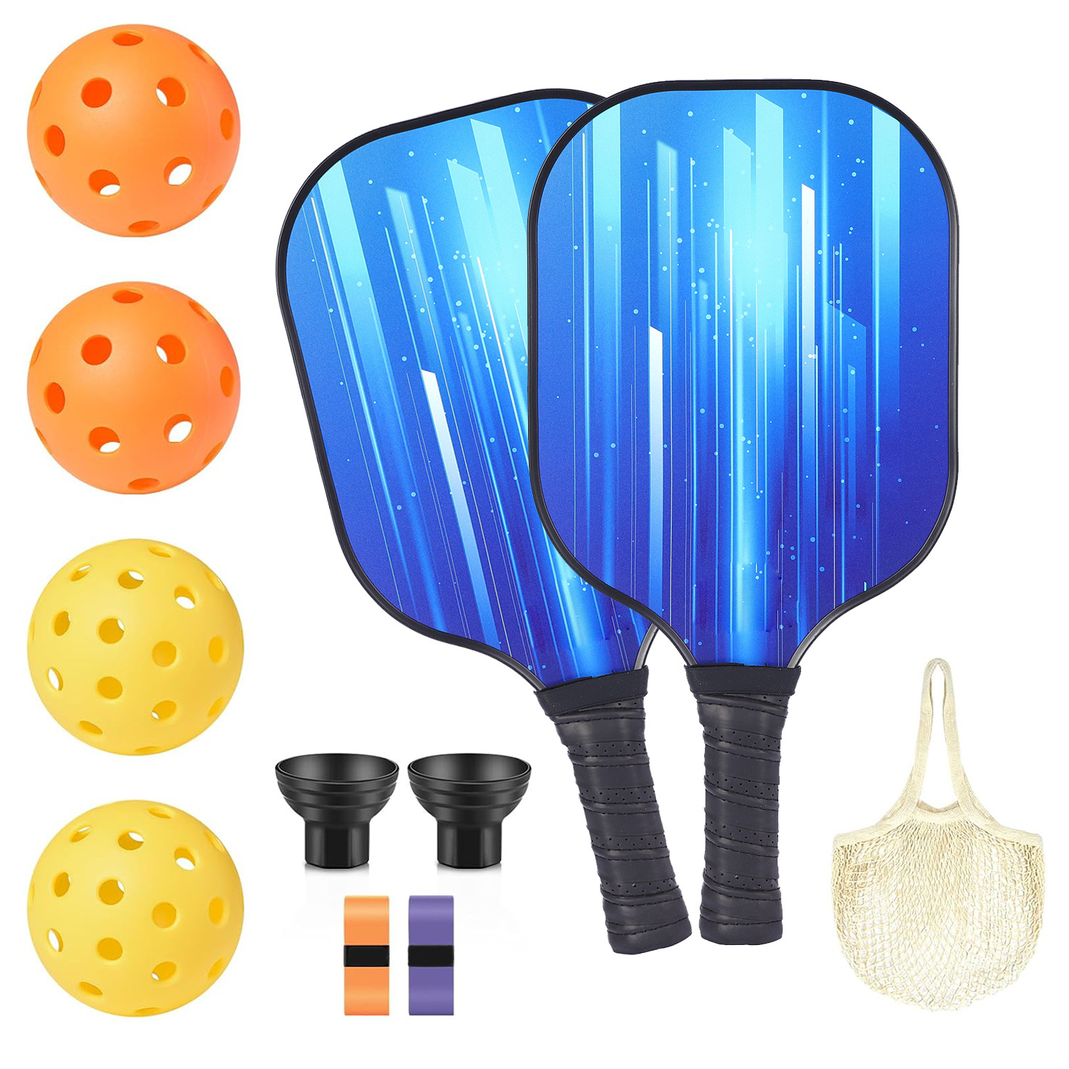 2 raquettes, 4 balles, 2 récupérateurs de balles, 2 bandes antidérapantes, 1 sac en filet