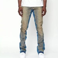 Pantalon en denim vintage bleu personnalisé design trou de détresse évasé fit blue jeans graffiti peinture éclaboussures élastique hommes jeans fabricant