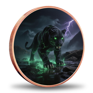 Moneta in Rame Puro 999 da 1 oz Black Panther, Colorata UV Verde Neon con Tempesta di Fulmini, Medaglia da Collezione Rotonda, Vendita all'Ingrosso - Product Image 1