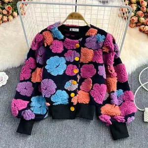 Hot Sale New Autumn And Winter Flower Jacquard Thickened Warm Knitted Cardigan Ladies Sweater Coat