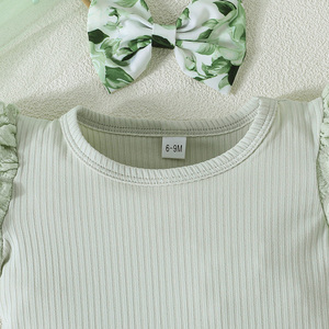 Children's Clothing Baby Girls Solid <b>Bubble</b> Sleeves Jumpsuit Shorts Headscarf Set Casual Two-piece Breathable Soft - Product Image 3