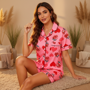 Factory OEM Summer Elastic Waist Soft Breathable Knitted Pijamas Mujer Short Sleeve Heart Rose Pattern Women's 2-Piece Pajamas