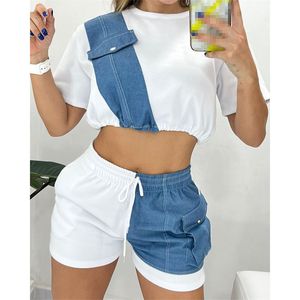 Mode Casual Sommer Patchwork Farb block Sexy Sportswear Kurzarm Casual Biker Short Set 2 Zweiteilige Biker Shorts Sets - Product Image 2
