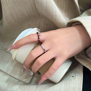 S925 Sterling Silver Bamboo <b>Ring</b> Red Enamel Channel Setting Unisex Everyday Wear Jewelry - Product Image 2