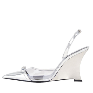 รองเท้าส้นสูงแบบสวมเปิดส้นประดับโบว์คู่สีเงินสำหรับผู้หญิง ดีไซน์หัวแหลม สายรัดข้อเท้า วัสดุ PVC แต่งลายต่อกัน สไตล์เซ็กซี่ เหมาะสำหรับใส่ในฤดูร้อน - Product Image 2