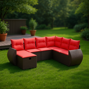 Set Divano da Esterno in Polyrattan con Cuscini, 7 Pezzi, Arredamento da Giardino Marrone, Design Contemporaneo - Product Image 2