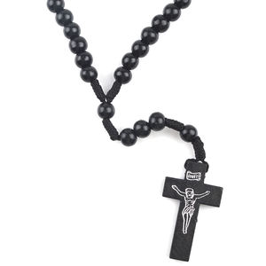 Дешевая черная веревочная плетеная молитвенная четная бусина, коричневые деревянные бусины и католическое колье с крестиком Иисуса, цепочка для подарка - Product Image 4