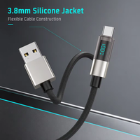 Câble USB-A vers Type-C en silicone Justlink 100W avec affichage de puissance, tête transparente, charge rapide et transfert de données pour téléphone et tablette