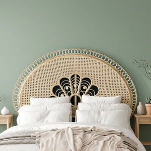 Lit mural de style mid-century moderne, luxueux et écologique, en rotin fait main, avec tête de lit simple, assemblé, taille et couleur personnalisables, pour la maison et l'hôtel - Product Image 1