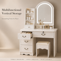 Coiffeuse de maquillage vintage moderne européenne avec miroir arqué éclairé, ensemble de table de toilette blanc cassé pour chambre à coucher, idéal pour usage hôtelier