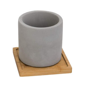 Rustic Cylinder <strong>Cement</strong> Planter Pot with Square Bamboo <strong>Tray</strong> - Product Image 2