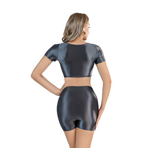 Haut court brillant à col rond et coupe ajustée pour femmes <span class=keywords><strong>sexy</strong></span>, couleur unie, débardeur, camisoles de sport, gym, fitness - Product Image 4