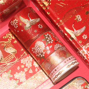 Gold Foil Crane Washi Tape 2m <b>Red</b> Gold Floral Crane Design Journal Decoration Craft Supplies - Product Image 1