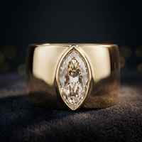 Anillo Único de Plata de Ley Chapado en Oro para Mujer, Corte Marquesa, Diamante Simulado, Bisel Grueso, Estilo Cigarra, Minimalista